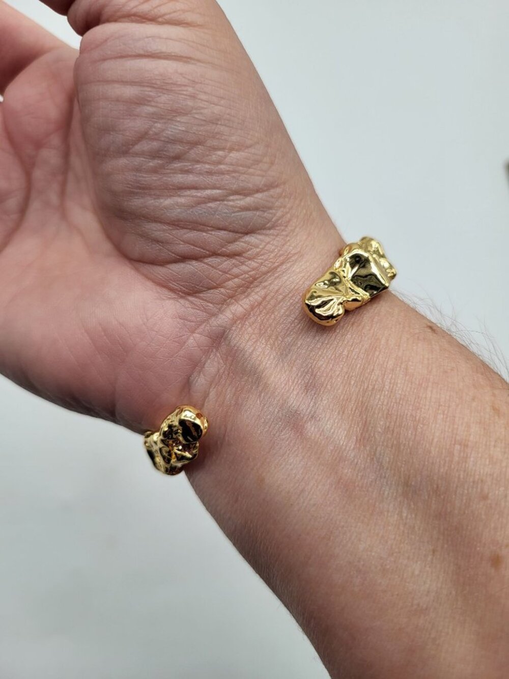 Gold Plated Nugget Cuff Bracelet Brutalist Textured Crushed Metal Look - Picture 6 of 10